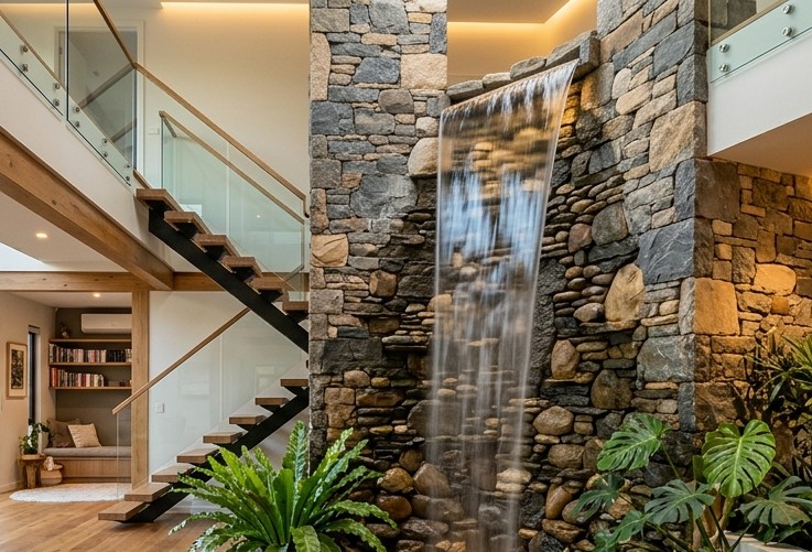 Indoor architectural waterfall surrounded by planting