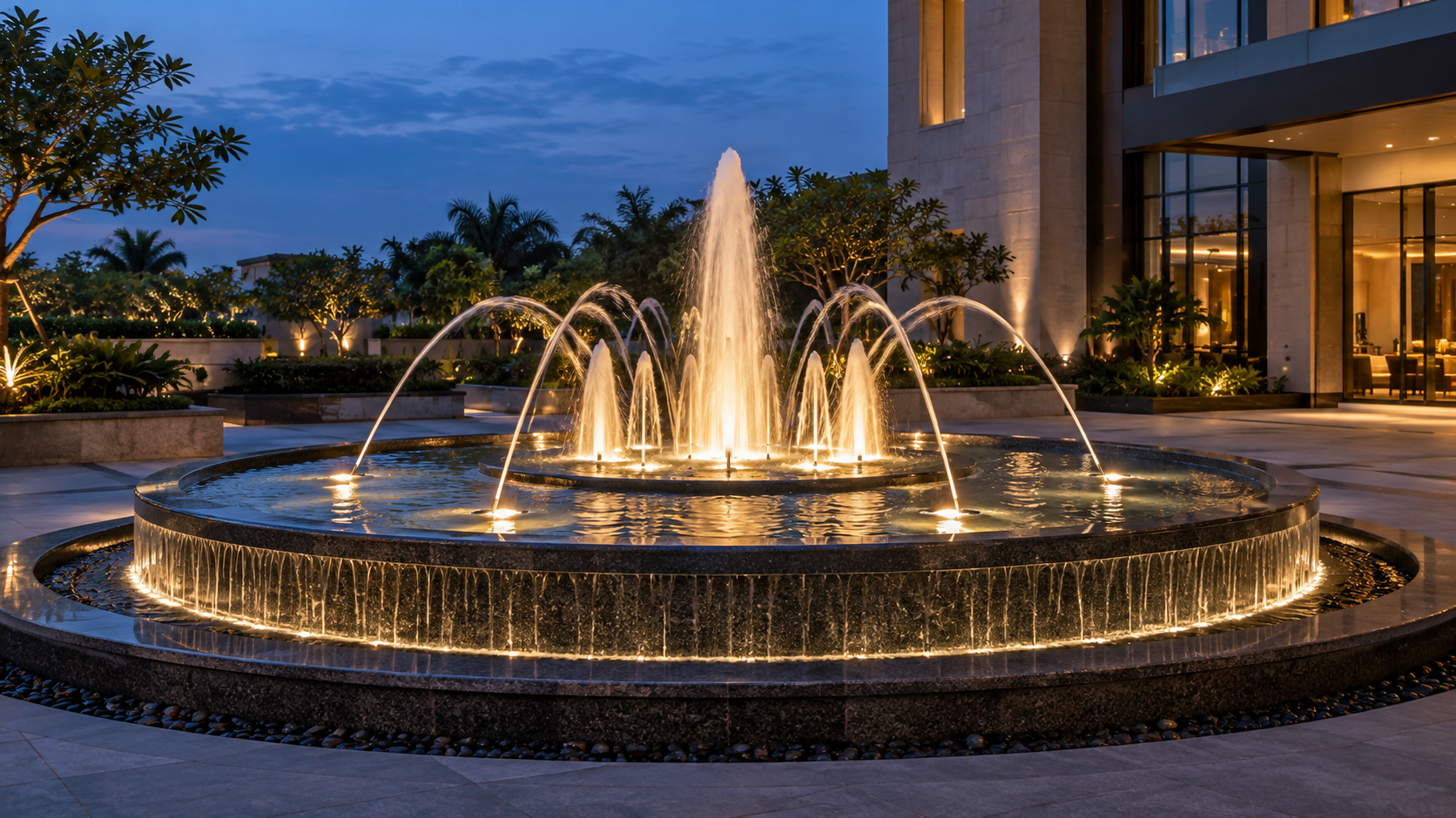 Illuminated circular architectural fountain in a contemporary hotel courtyard at blue hour